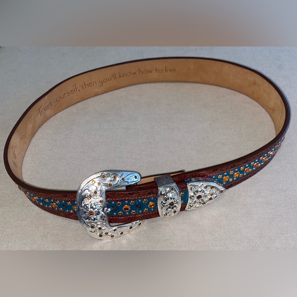 F107052 Ariat Men's Western Belt with Turquoise Blue W Orange Gems 32 / 80
